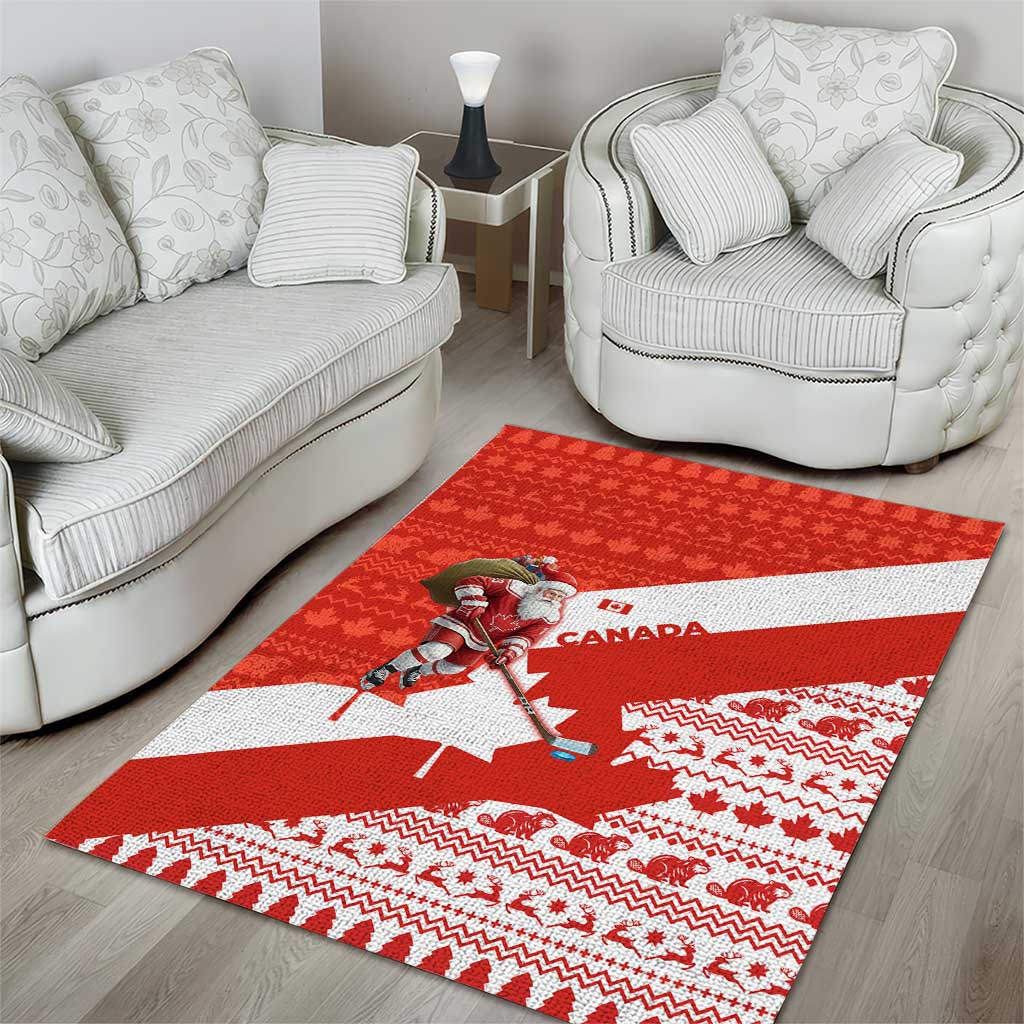 Canada Christmas Area Rug with Santa Playing Hockey Maple Leaf Flag and Red White Knit Pattern Design - Wonder Print Shop
