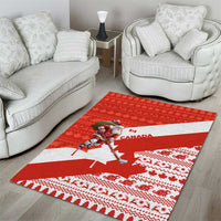 Canada Christmas Area Rug with Santa Playing Hockey Maple Leaf Flag and Red White Knit Pattern Design - Wonder Print Shop
