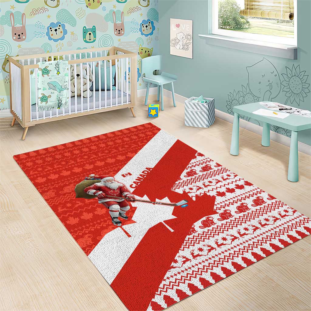 Canada Christmas Area Rug with Santa Playing Hockey Maple Leaf Flag and Red White Knit Pattern Design - Wonder Print Shop