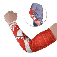 Canada Christmas Arm Sleeves with Santa Playing Hockey Maple Leaf Flag and Red White Knit Pattern Design - Wonder Print Shop