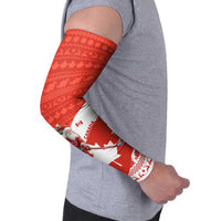 Canada Christmas Arm Sleeves with Santa Playing Hockey Maple Leaf Flag and Red White Knit Pattern Design - Wonder Print Shop