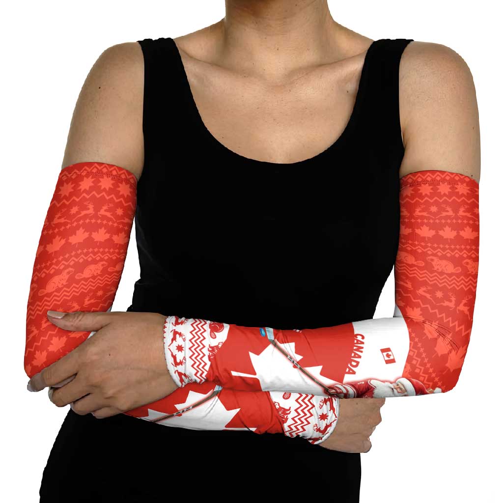 Canada Christmas Arm Sleeves with Santa Playing Hockey Maple Leaf Flag and Red White Knit Pattern Design - Wonder Print Shop