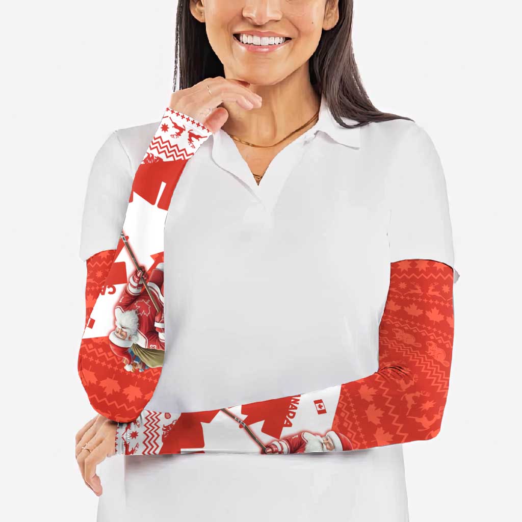 Canada Christmas Arm Sleeves with Santa Playing Hockey Maple Leaf Flag and Red White Knit Pattern Design - Wonder Print Shop