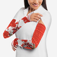 Canada Christmas Arm Sleeves with Santa Playing Hockey Maple Leaf Flag and Red White Knit Pattern Design - Wonder Print Shop