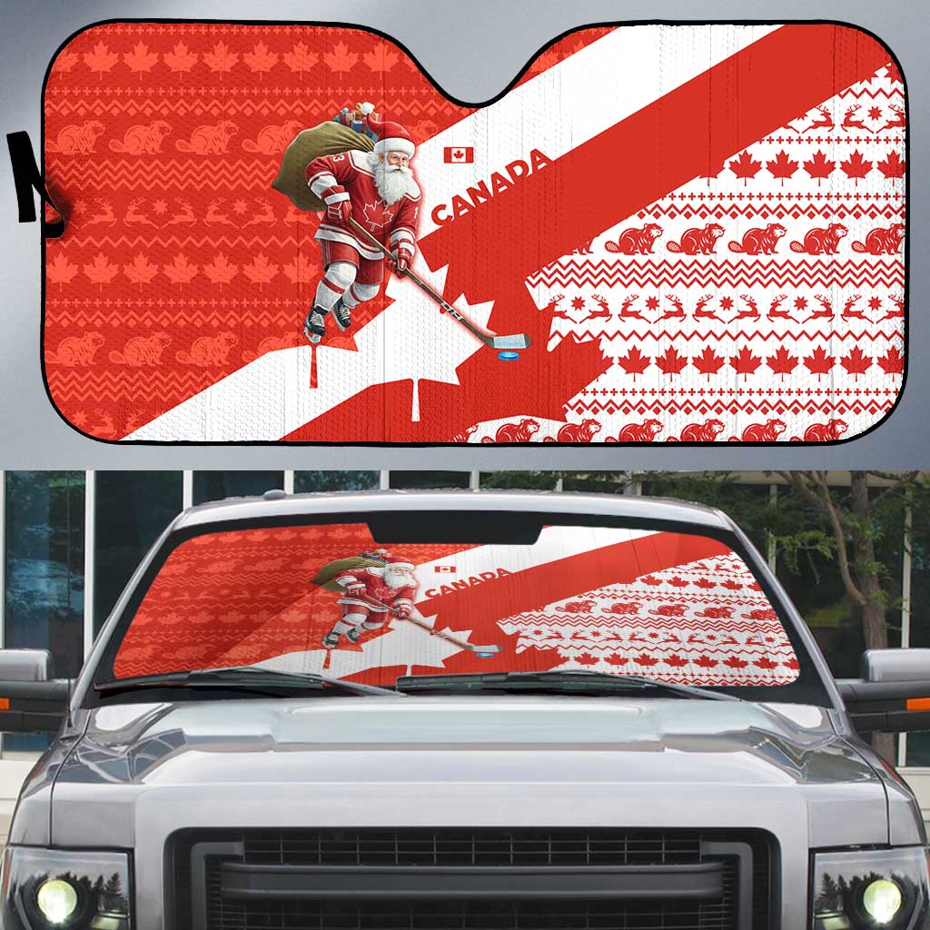 Canada Christmas Auto Sun Shade with Santa Playing Hockey Maple Leaf Flag and Red White Knit Pattern Design - Wonder Print Shop