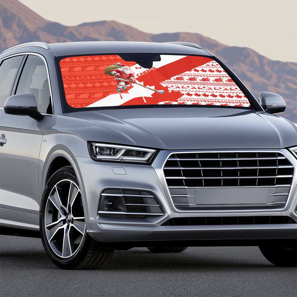 Canada Christmas Auto Sun Shade with Santa Playing Hockey Maple Leaf Flag and Red White Knit Pattern Design - Wonder Print Shop