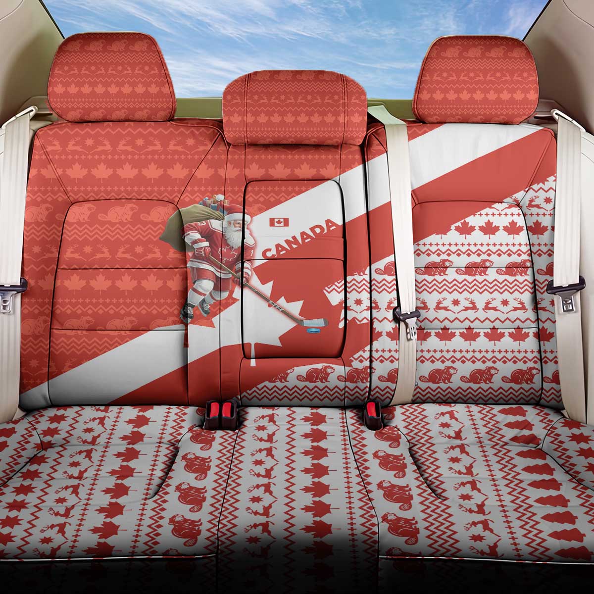 Canada Christmas Back Car Seat Cover with Santa Playing Hockey Maple Leaf Flag and Red White Knit Pattern Design - Wonder Print Shop