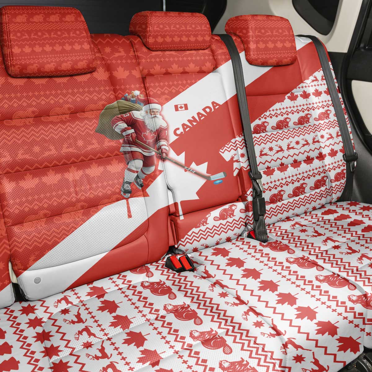 Canada Christmas Back Car Seat Cover with Santa Playing Hockey Maple Leaf Flag and Red White Knit Pattern Design - Wonder Print Shop