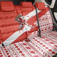 Canada Christmas Back Car Seat Cover with Santa Playing Hockey Maple Leaf Flag and Red White Knit Pattern Design - Wonder Print Shop