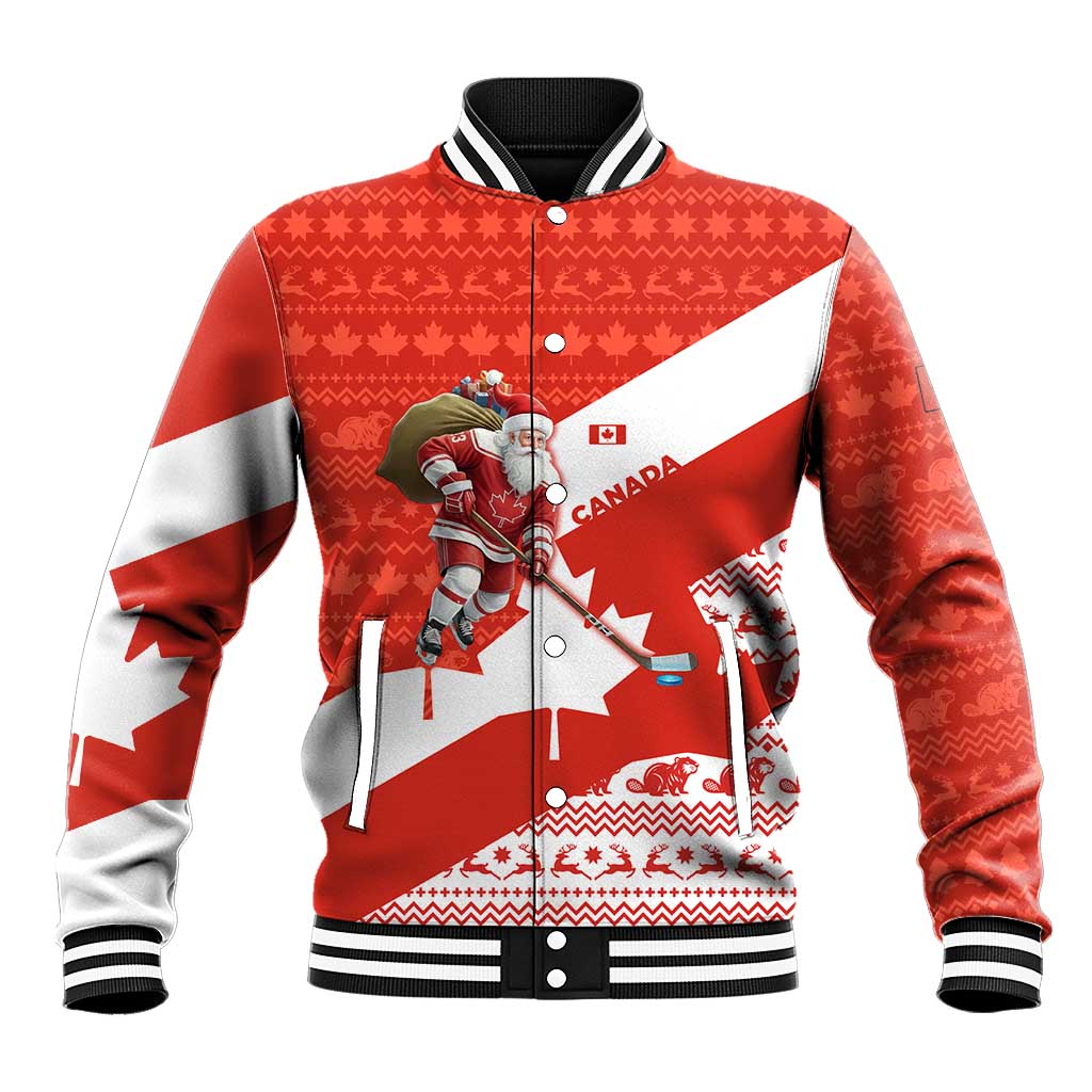 Canada Christmas Baseball Jacket with Santa Playing Hockey Maple Leaf Flag and Red White Knit Pattern Design - Wonder Print Shop