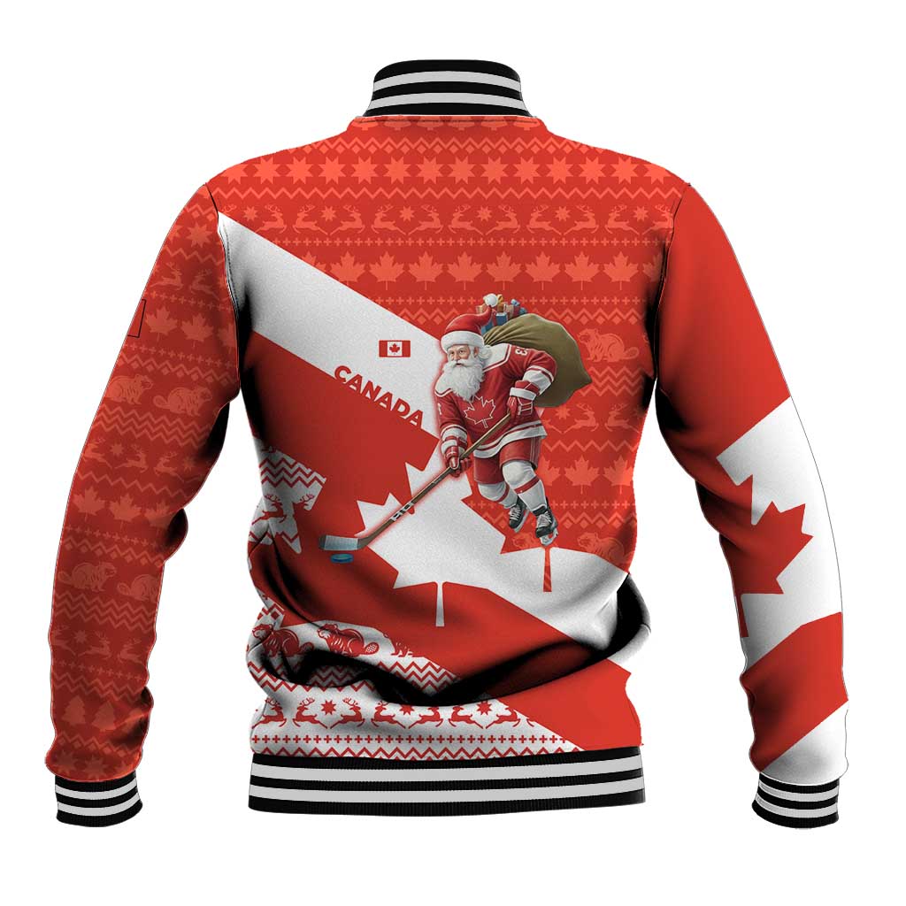 Canada Christmas Baseball Jacket with Santa Playing Hockey Maple Leaf Flag and Red White Knit Pattern Design - Wonder Print Shop