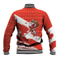 Canada Christmas Baseball Jacket with Santa Playing Hockey Maple Leaf Flag and Red White Knit Pattern Design - Wonder Print Shop