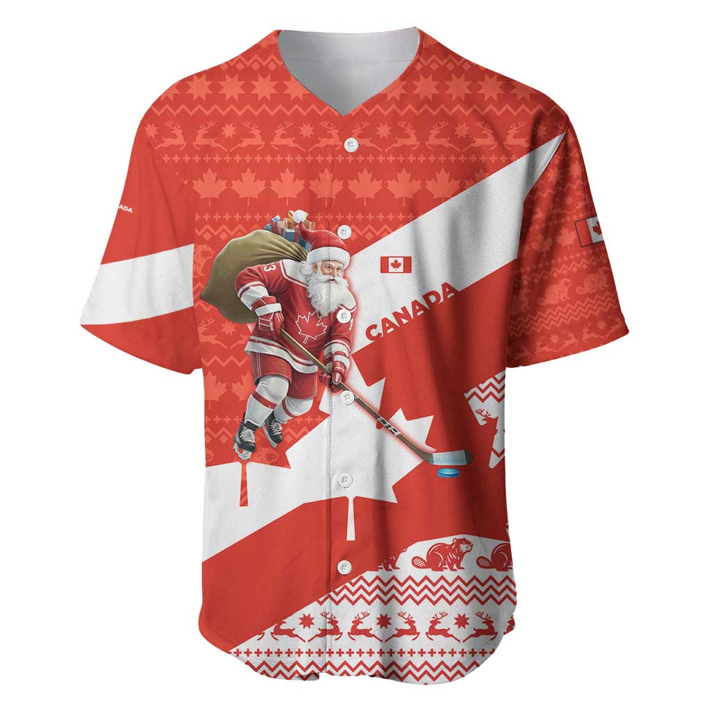 Canada Christmas Baseball Jersey with Santa Playing Hockey Maple Leaf Flag and Red White Knit Pattern Design - Wonder Print Shop
