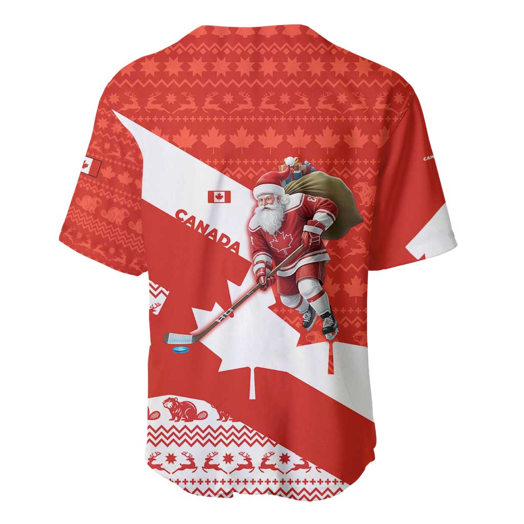 Canada Christmas Baseball Jersey with Santa Playing Hockey Maple Leaf Flag and Red White Knit Pattern Design - Wonder Print Shop