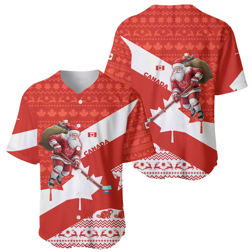 Canada Christmas Baseball Jersey with Santa Playing Hockey Maple Leaf Flag and Red White Knit Pattern Design - Wonder Print Shop