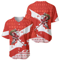 Canada Christmas Baseball Jersey with Santa Playing Hockey Maple Leaf Flag and Red White Knit Pattern Design - Wonder Print Shop