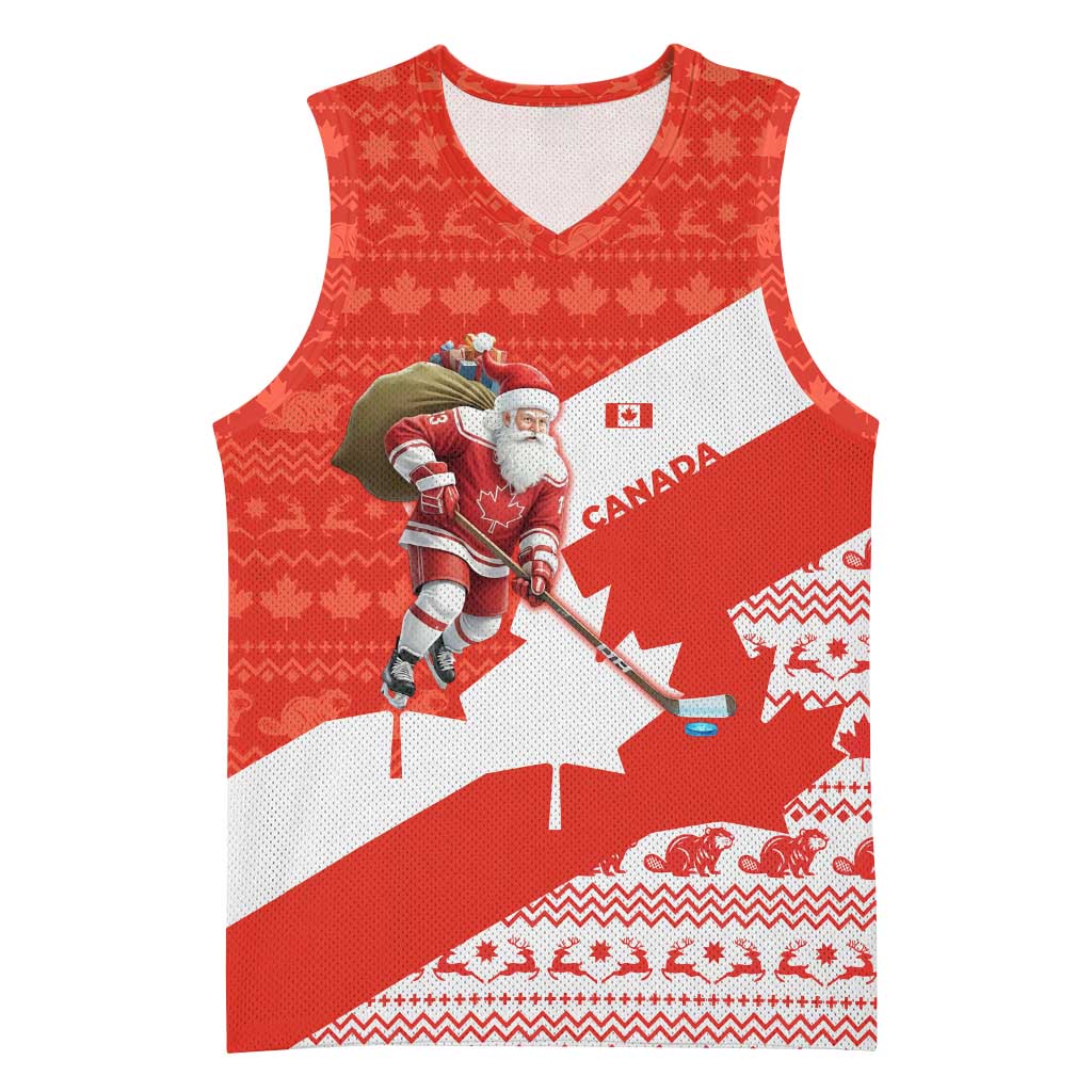 Canada Christmas Basketball Jersey with Santa Playing Hockey Maple Leaf Flag and Red White Knit Pattern Design - Wonder Print Shop