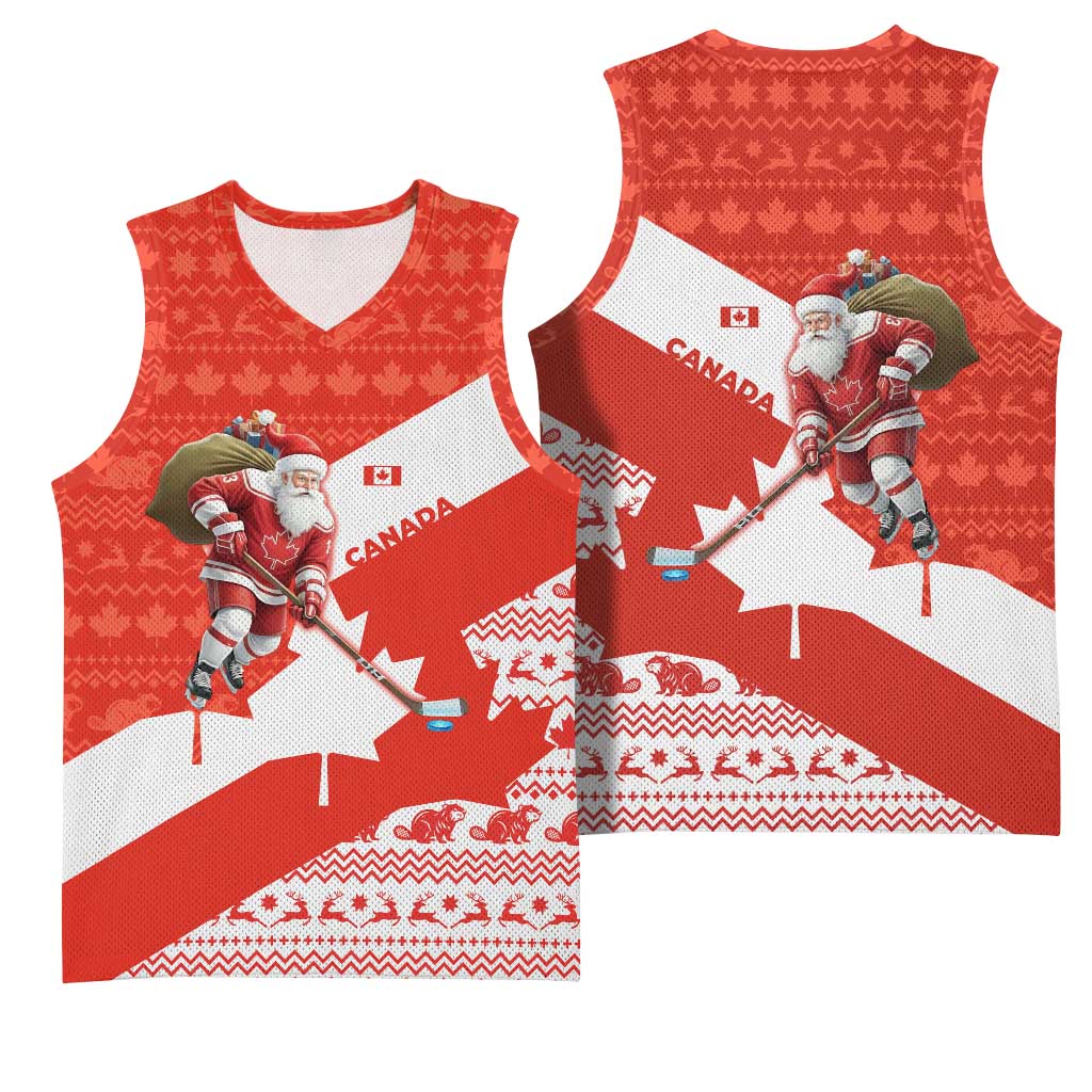Canada Christmas Basketball Jersey with Santa Playing Hockey Maple Leaf Flag and Red White Knit Pattern Design - Wonder Print Shop