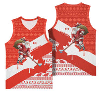 Canada Christmas Basketball Jersey with Santa Playing Hockey Maple Leaf Flag and Red White Knit Pattern Design - Wonder Print Shop
