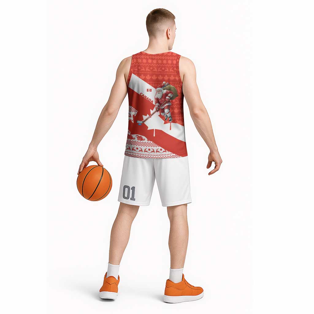 Canada Christmas Basketball Jersey with Santa Playing Hockey Maple Leaf Flag and Red White Knit Pattern Design - Wonder Print Shop
