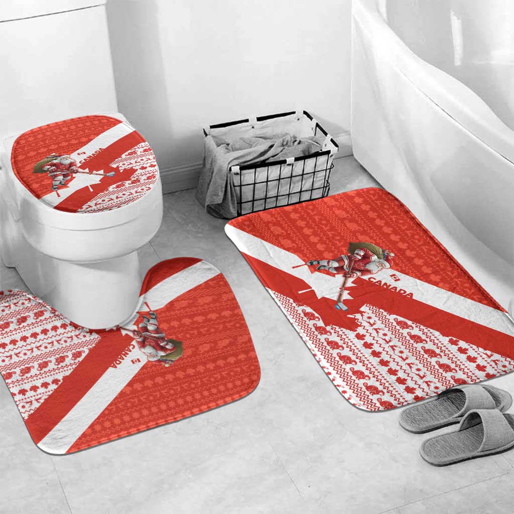 Canada Christmas Bathroom Set with Santa Playing Hockey Maple Leaf Flag and Red White Knit Pattern Design - Wonder Print Shop