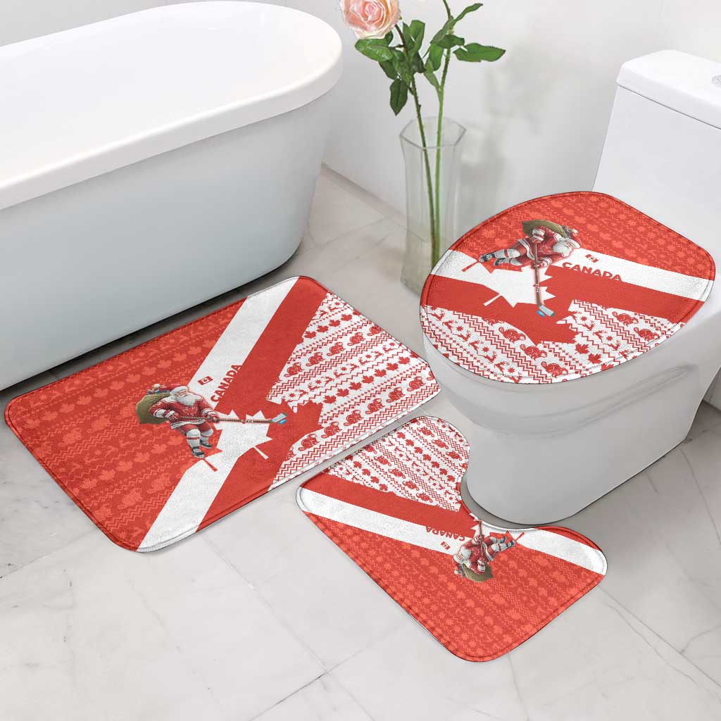 Canada Christmas Bathroom Set with Santa Playing Hockey Maple Leaf Flag and Red White Knit Pattern Design - Wonder Print Shop