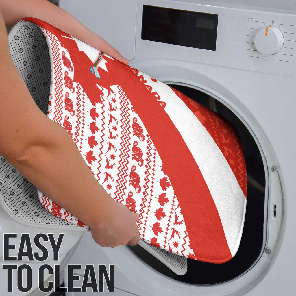 Canada Christmas Bathroom Set with Santa Playing Hockey Maple Leaf Flag and Red White Knit Pattern Design - Wonder Print Shop