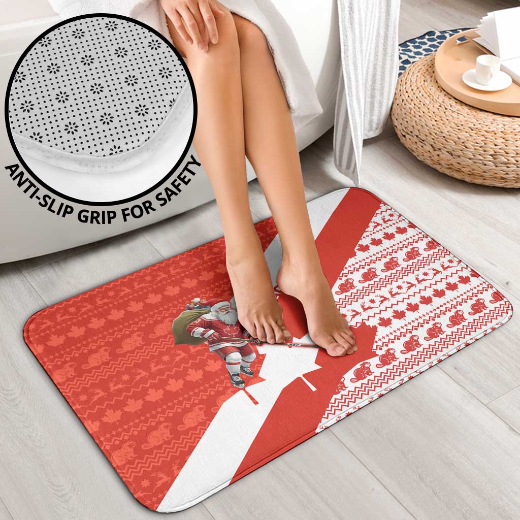 Canada Christmas Bathroom Set with Santa Playing Hockey Maple Leaf Flag and Red White Knit Pattern Design - Wonder Print Shop
