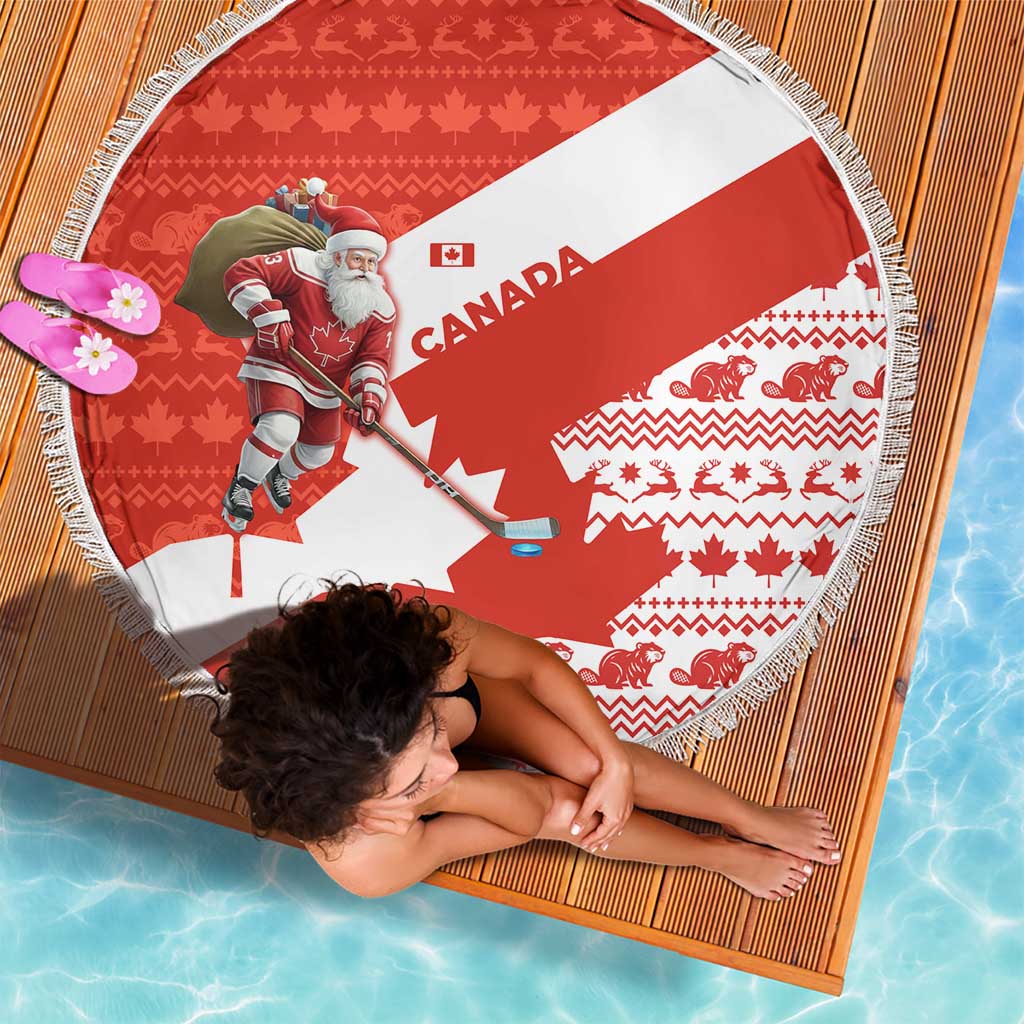 Canada Christmas Beach Blanket with Santa Playing Hockey Maple Leaf Flag and Red White Knit Pattern Design - Wonder Print Shop