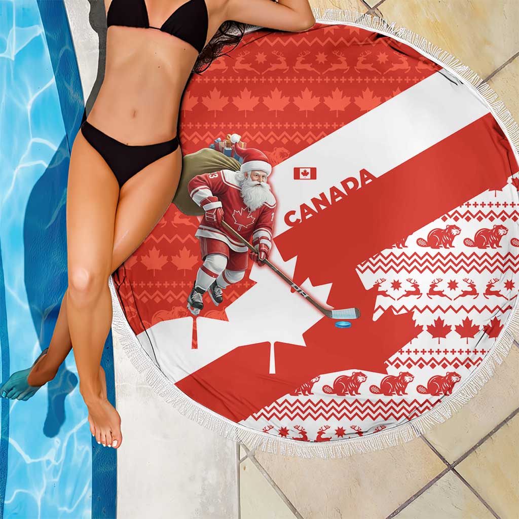 Canada Christmas Beach Blanket with Santa Playing Hockey Maple Leaf Flag and Red White Knit Pattern Design - Wonder Print Shop