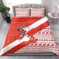 Canada Christmas Bedding Set with Santa Playing Hockey Maple Leaf Flag and Red White Knit Pattern Design - Wonder Print Shop