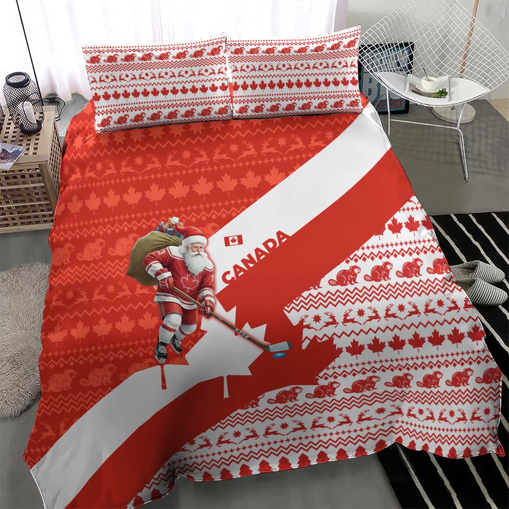 Canada Christmas Bedding Set with Santa Playing Hockey Maple Leaf Flag and Red White Knit Pattern Design - Wonder Print Shop