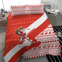 Canada Christmas Bedding Set with Santa Playing Hockey Maple Leaf Flag and Red White Knit Pattern Design - Wonder Print Shop