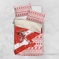 Canada Christmas Bedding Set with Santa Playing Hockey Maple Leaf Flag and Red White Knit Pattern Design - Wonder Print Shop