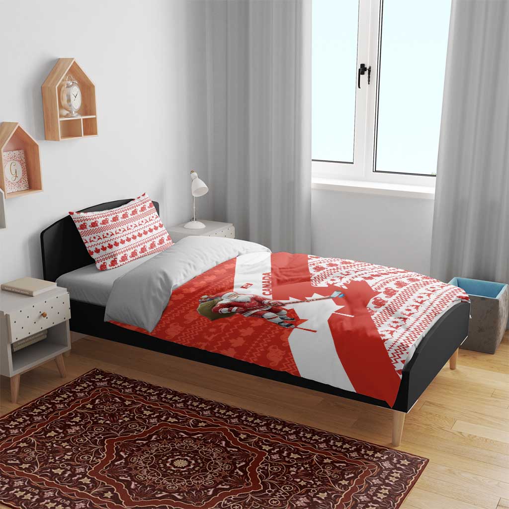 Canada Christmas Bedding Set with Santa Playing Hockey Maple Leaf Flag and Red White Knit Pattern Design - Wonder Print Shop