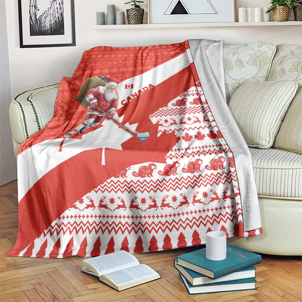 Canada Christmas Blanket with Santa Playing Hockey Maple Leaf Flag and Red White Knit Pattern Design - Wonder Print Shop
