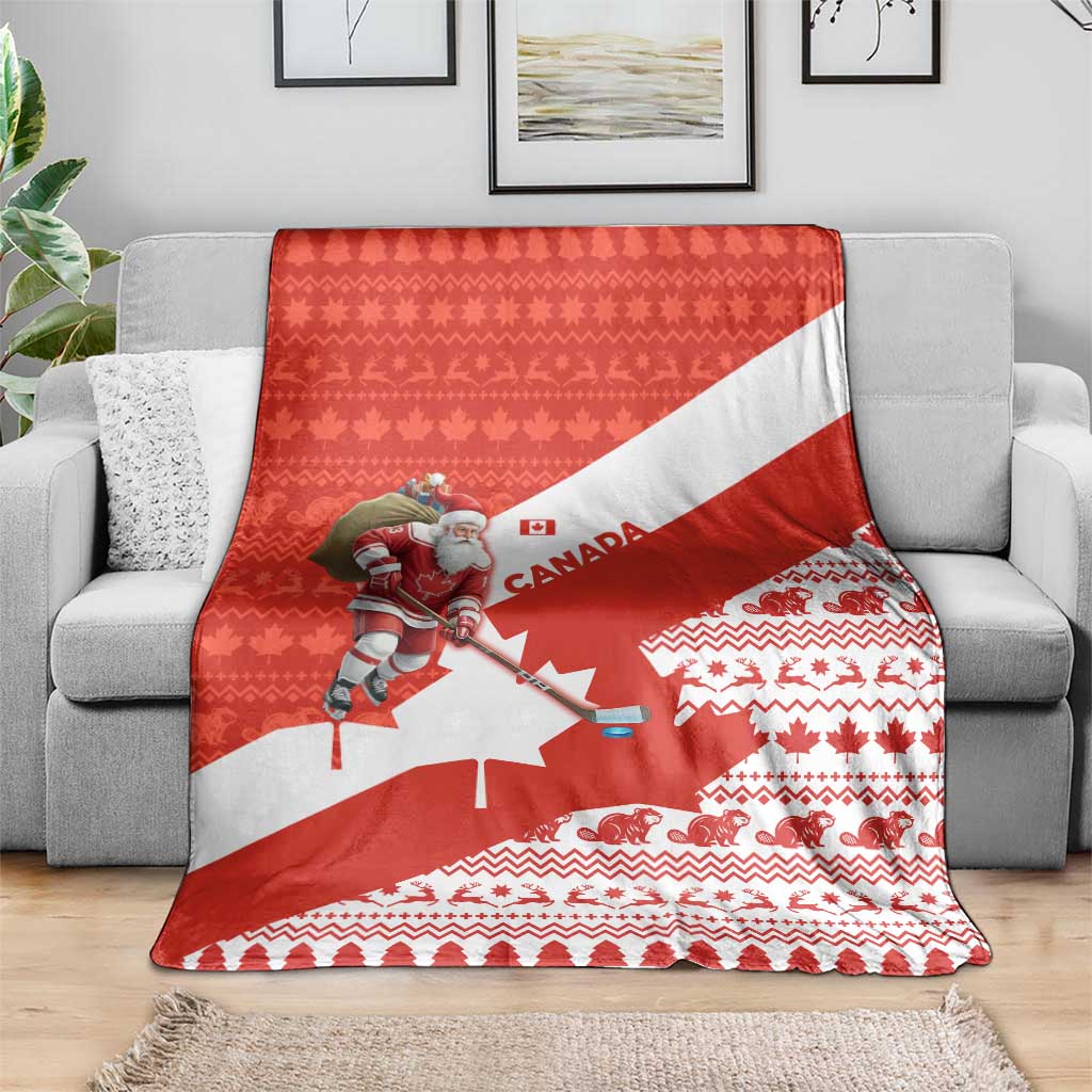 Canada Christmas Blanket with Santa Playing Hockey Maple Leaf Flag and Red White Knit Pattern Design - Wonder Print Shop