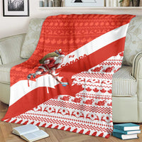 Canada Christmas Blanket with Santa Playing Hockey Maple Leaf Flag and Red White Knit Pattern Design - Wonder Print Shop