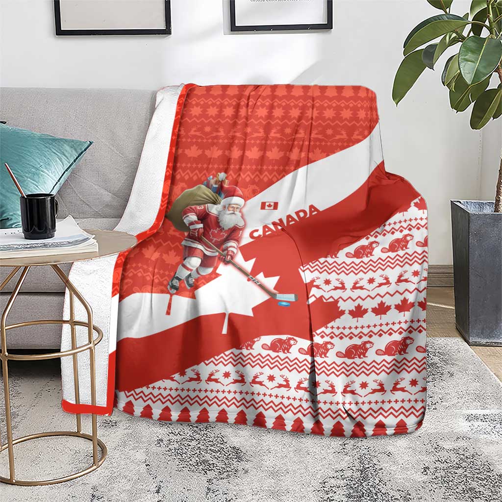 Canada Christmas Blanket with Santa Playing Hockey Maple Leaf Flag and Red White Knit Pattern Design - Wonder Print Shop