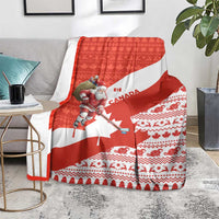Canada Christmas Blanket with Santa Playing Hockey Maple Leaf Flag and Red White Knit Pattern Design - Wonder Print Shop