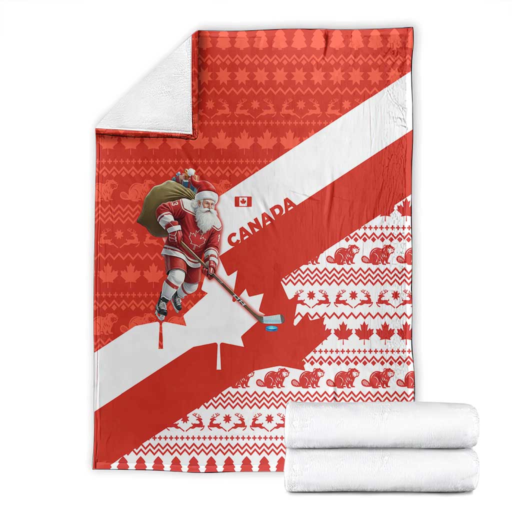 Canada Christmas Blanket with Santa Playing Hockey Maple Leaf Flag and Red White Knit Pattern Design - Wonder Print Shop