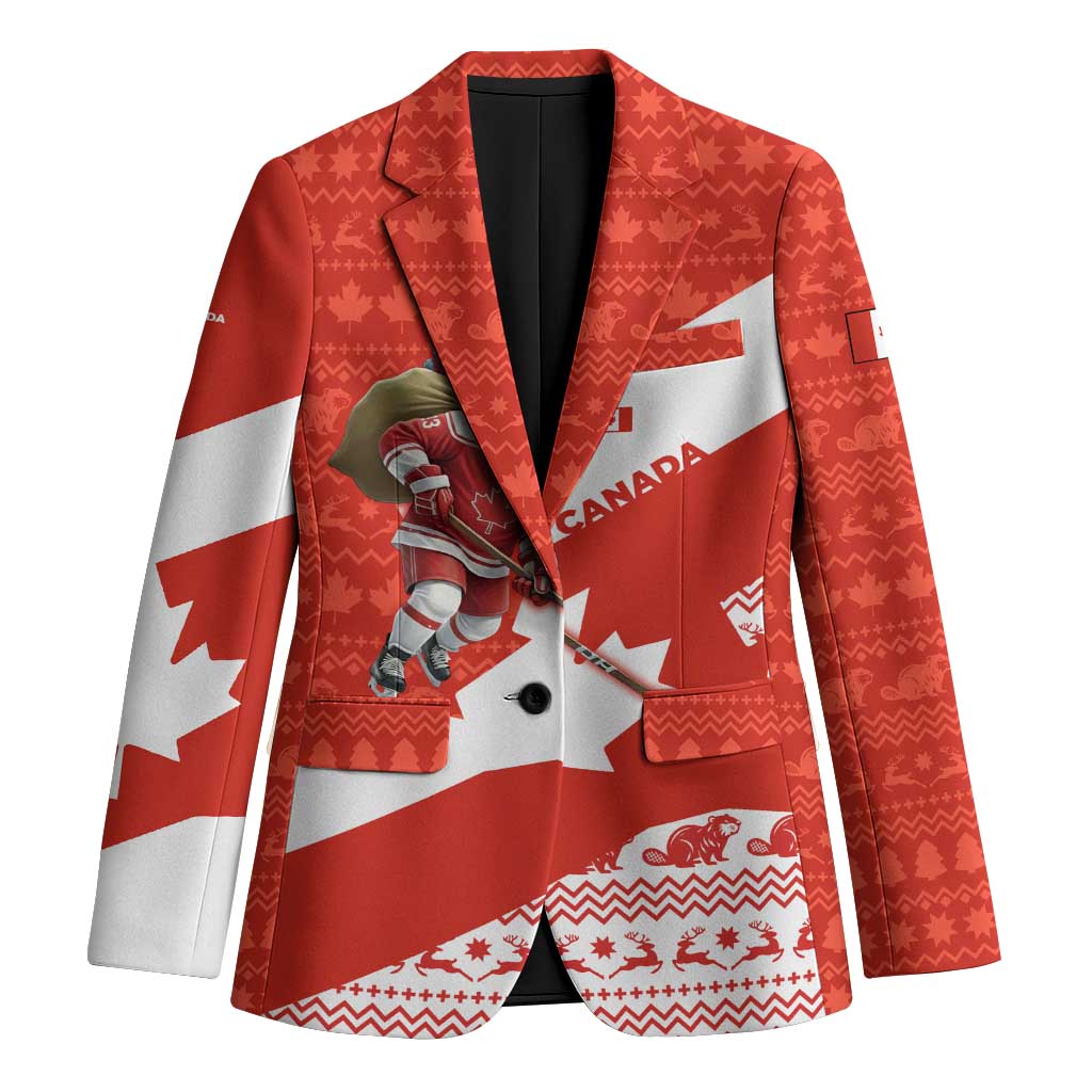 Canada Christmas Blazer with Santa Playing Hockey Maple Leaf Flag and Red White Knit Pattern Design - Wonder Print Shop