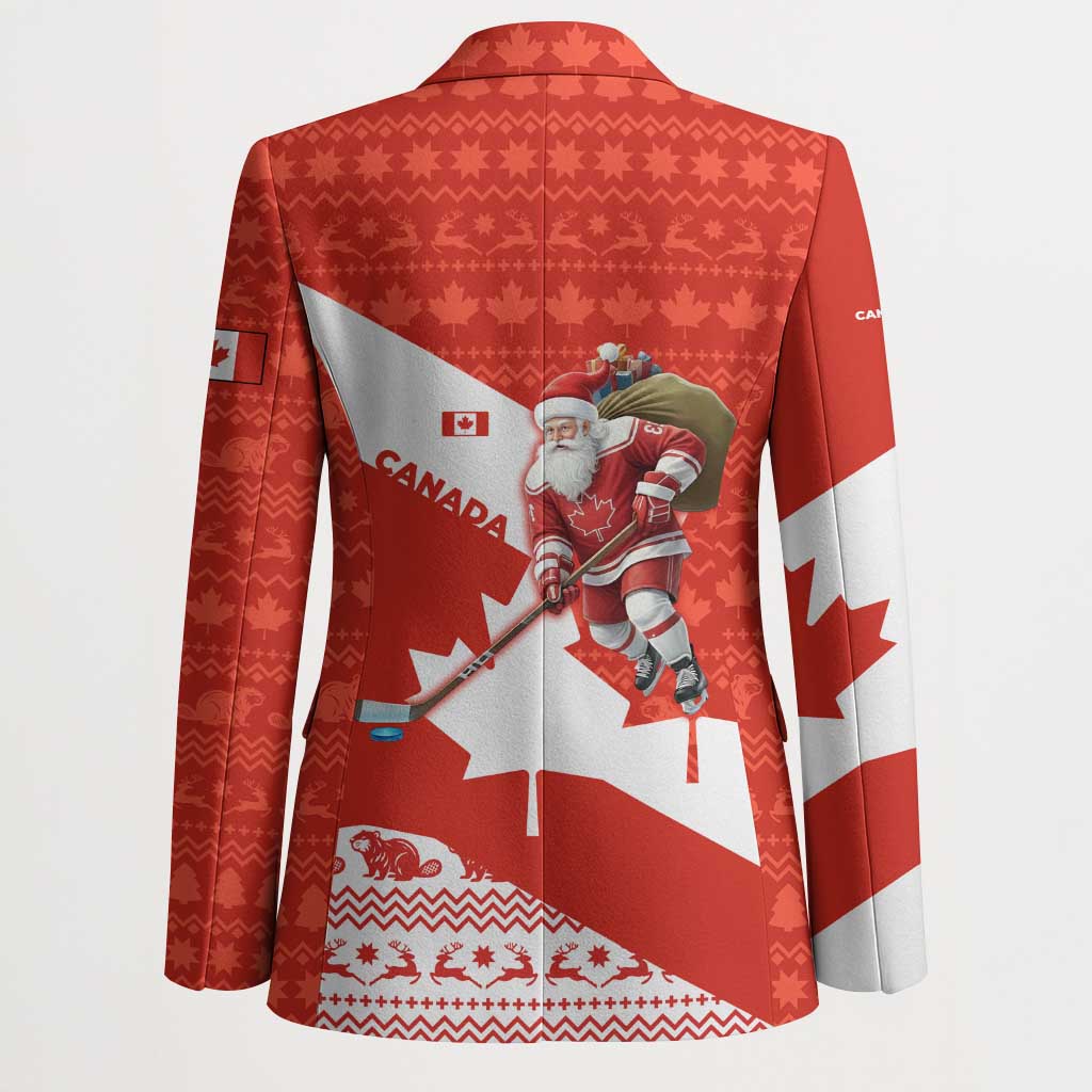 Canada Christmas Blazer with Santa Playing Hockey Maple Leaf Flag and Red White Knit Pattern Design - Wonder Print Shop