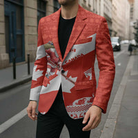 Canada Christmas Blazer with Santa Playing Hockey Maple Leaf Flag and Red White Knit Pattern Design - Wonder Print Shop