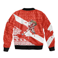 Canada Christmas Bomber Jacket with Santa Playing Hockey Maple Leaf Flag and Red White Knit Pattern Design - Wonder Print Shop