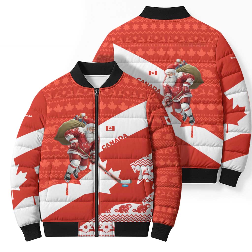 Canada Christmas Bomber Puffer Jacket with Santa Playing Hockey Maple Leaf Flag and Red White Knit Pattern Design - Wonder Print Shop