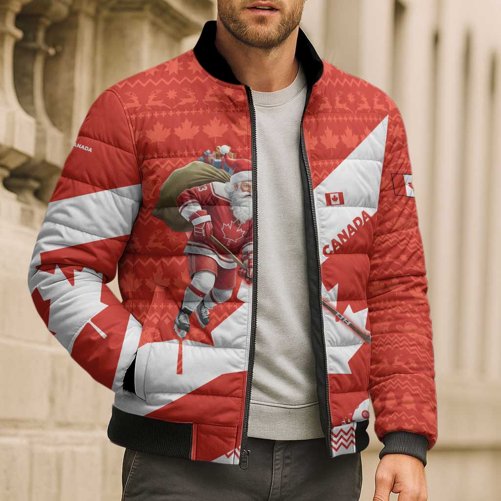 Canada Christmas Bomber Puffer Jacket with Santa Playing Hockey Maple Leaf Flag and Red White Knit Pattern Design - Wonder Print Shop