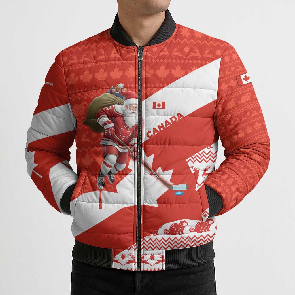 Canada Christmas Bomber Puffer Jacket with Santa Playing Hockey Maple Leaf Flag and Red White Knit Pattern Design - Wonder Print Shop