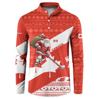 Canada Christmas Button Sweatshirt with Santa Playing Hockey Maple Leaf Flag and Red White Knit Pattern Design - Wonder Print Shop