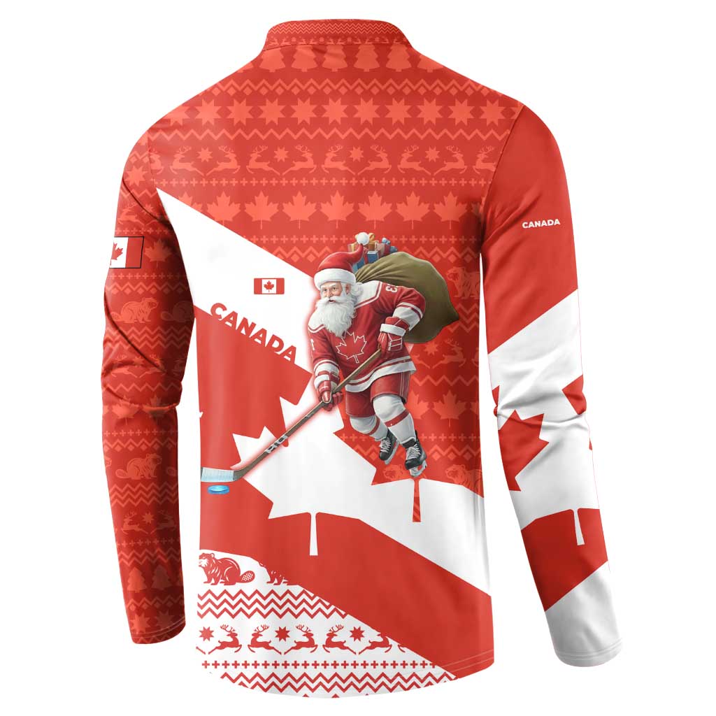Canada Christmas Button Sweatshirt with Santa Playing Hockey Maple Leaf Flag and Red White Knit Pattern Design - Wonder Print Shop